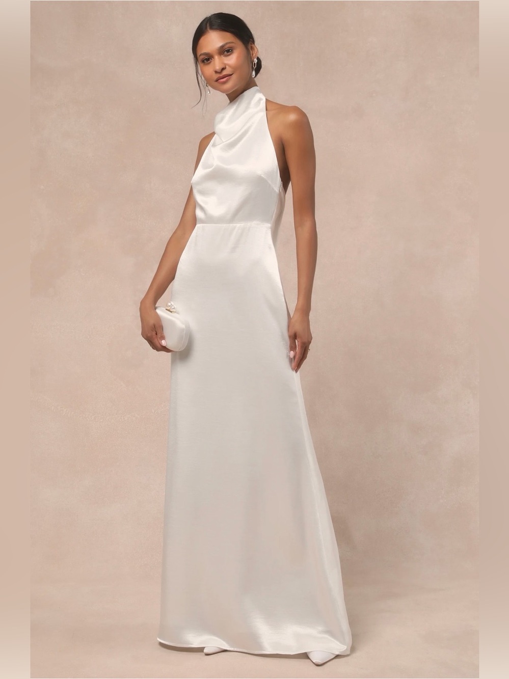 Lulus NWT “Meliana” White Satin Halter Backless Maxi Hi-Lo Dress.  Size Small.